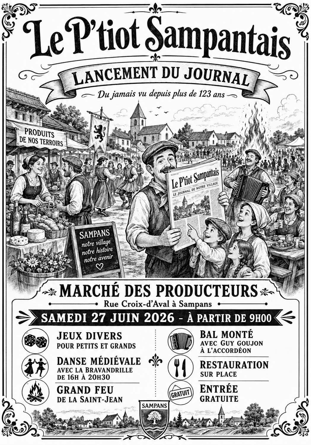 Affiche de lancement du journal Le P’tiot Sampantais au marché des producteurs de Sampans, samedi 27 juin 2026 à partir de 9h00.